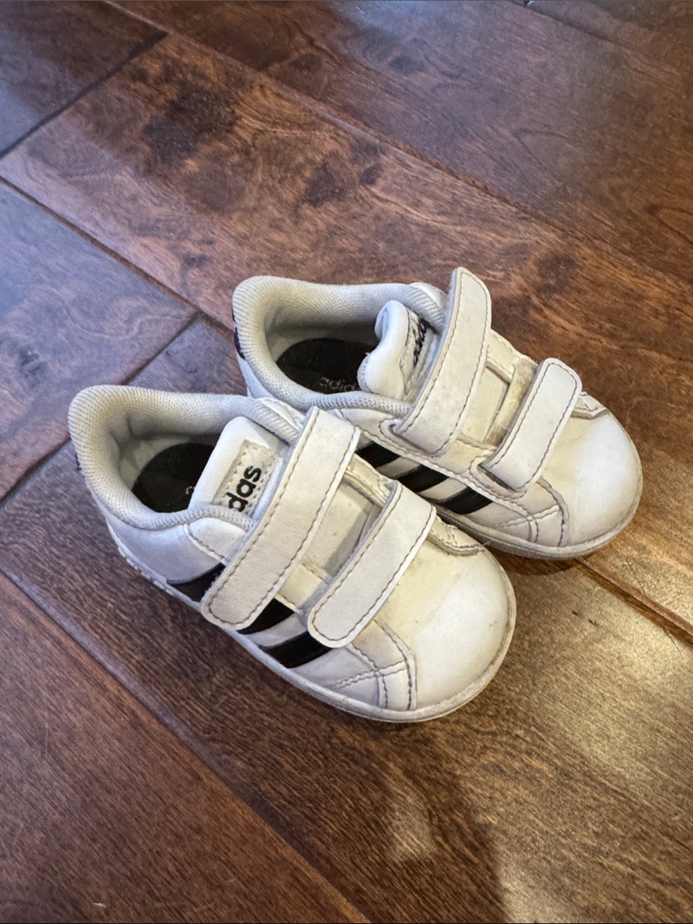 adidas White and Black toddler Velcro Sneakers with Three Stripes